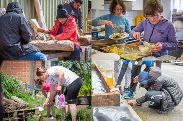 Four photos showing Fair Shares activities. Top Left: A man chipping away at some wood outside the workshop. Top Right: Food being served at the lunch club. Bottom Left: A visitor and their daughter looking around the allotment. Bottom Right: A young person helping to build a planter.