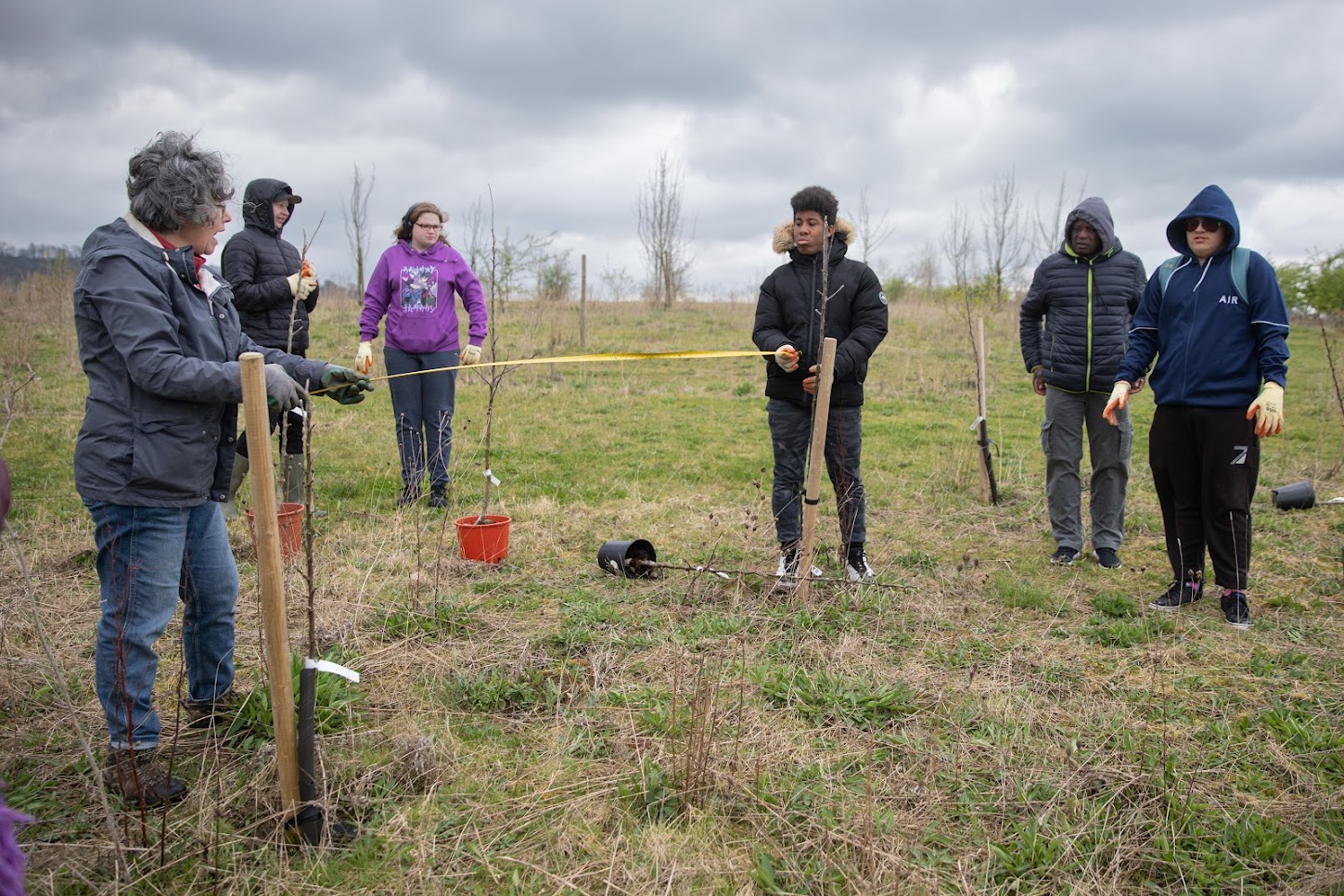 6 people in a group in a field. 2 of them are using a tape measure to measure the distance between two trees.