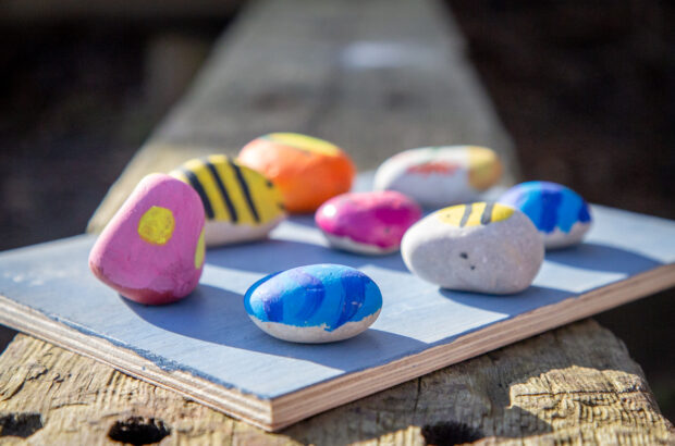 Photo of painted pebbles. Some are blue with a striped pattern, some are pink with yellow dots, some have bumblebees on.