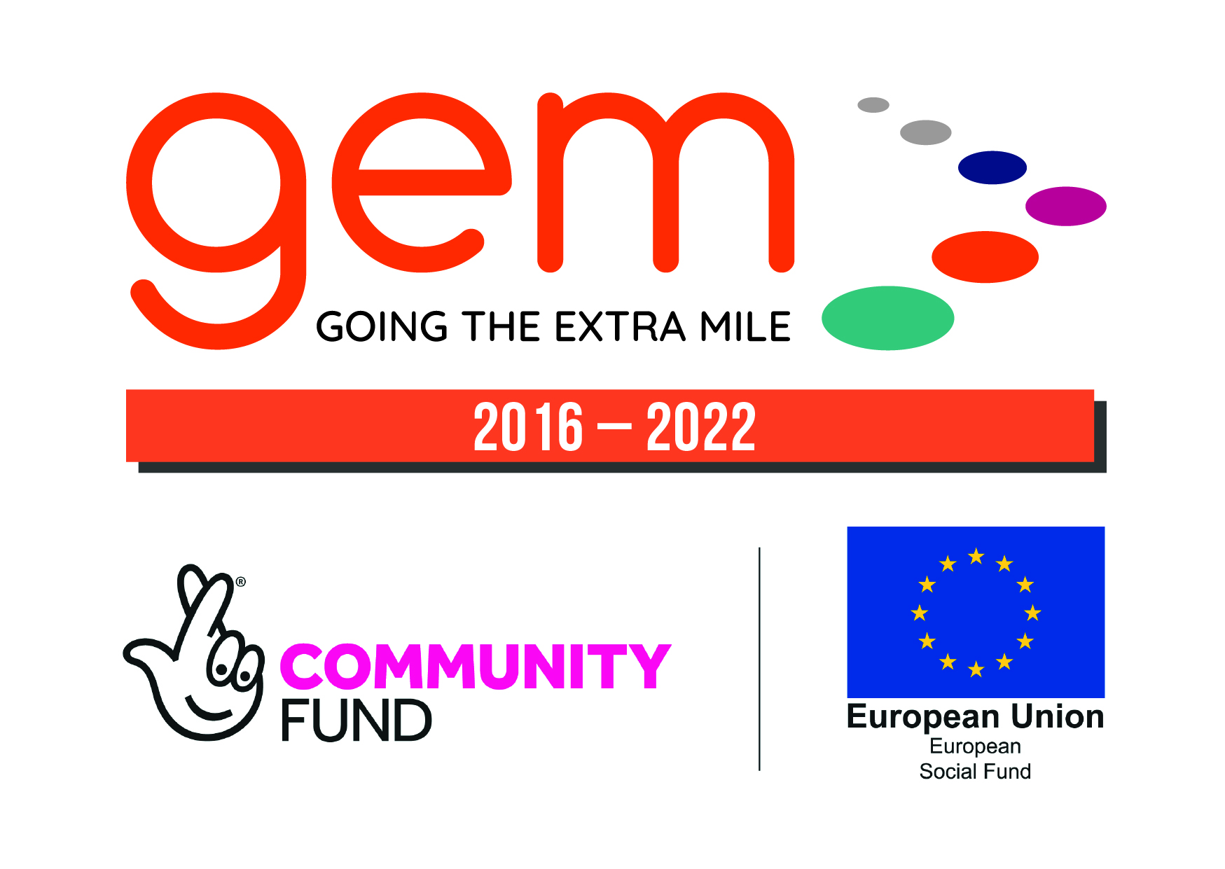 GEM logo showing it was active from 2016 - 2022 and funded by the Community Fund and European Union Social Fund.