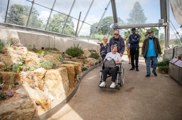 Group of participants entering an indoor tropical garden area.