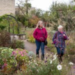 Two older ladies walking along a path in the walled garden at the Museum in the Park, at Stratford Park. The flowers are in bloom.