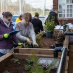 One woman with a clipboard is checking the plants placed in a planter. Another woman is then planting the plants.