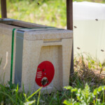 Nuc box under a table in the grass. There's an opening in it where bees are huddling and a few are flying around outside.