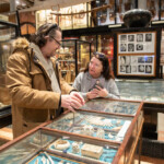 Rob and Mandy talking as they stand over some museum exhibits.