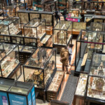 From an above angle, two people walking amongst the museum exhibits.