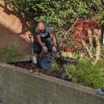 A man wearing gloves and bent over a black bag is removing rubbish from a stone planter.
