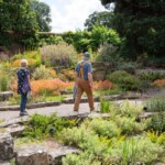 Two participants walking along a stone path, looking at the plants off to the side.
