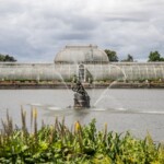 Photo of lake with a statue and fountain in the middle. There's a greenhouse in the background.