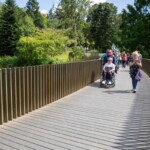 Group of participants walking across a bridge spanning a lake.