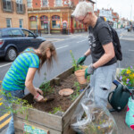 Kathy and Brigitte working on the planter on Barton Street. Brigitte is using a hand spade to dig a hole while Kathy holds a pot and plant.