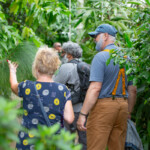 Group of participants in a tropical greenhouse, surrounded by plants.