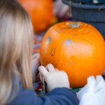 A young girl photographed from behind drawing a mouth onto a pumpkin.