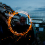 A circle of sparkles produced by a sparkler.